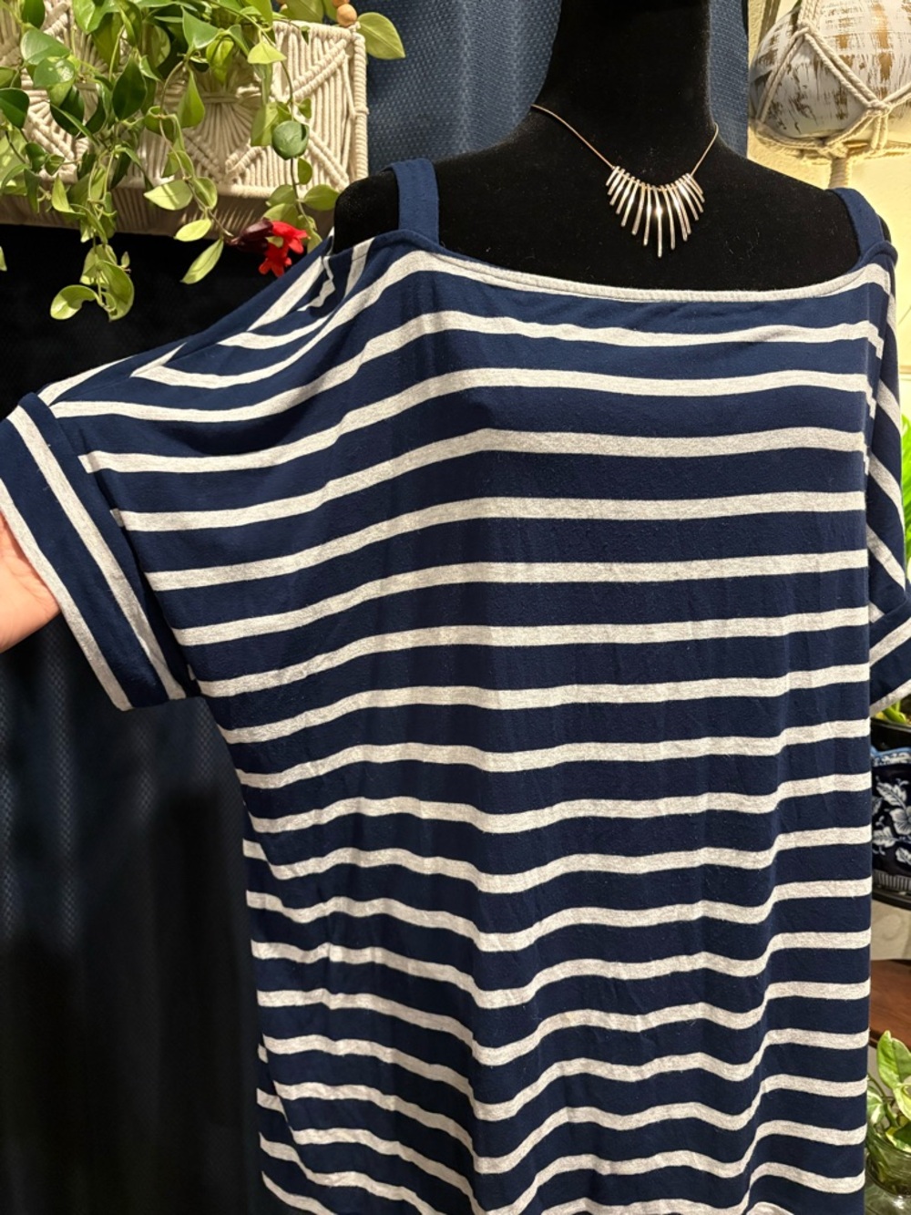Navy and White Striped Top with Off Shoulder Sleeves by Sunday